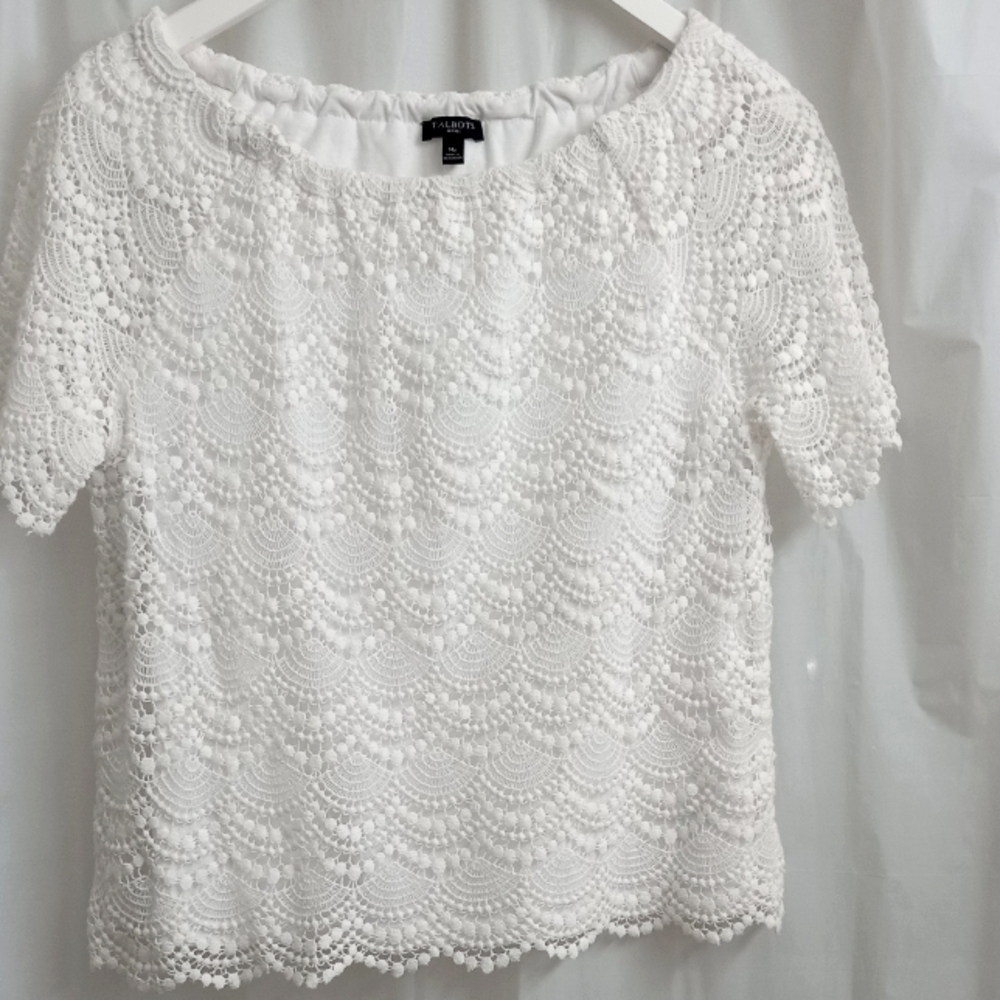 Talbots Elegant Bohemian Cotton White Lace Top - Size: Medium Petite